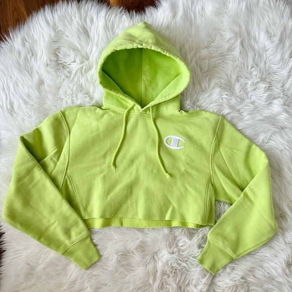 Champion Lime Neon Green Reverse Weave Cropped fleece Hoodie Heavyweight Small - Picture 7 of 16